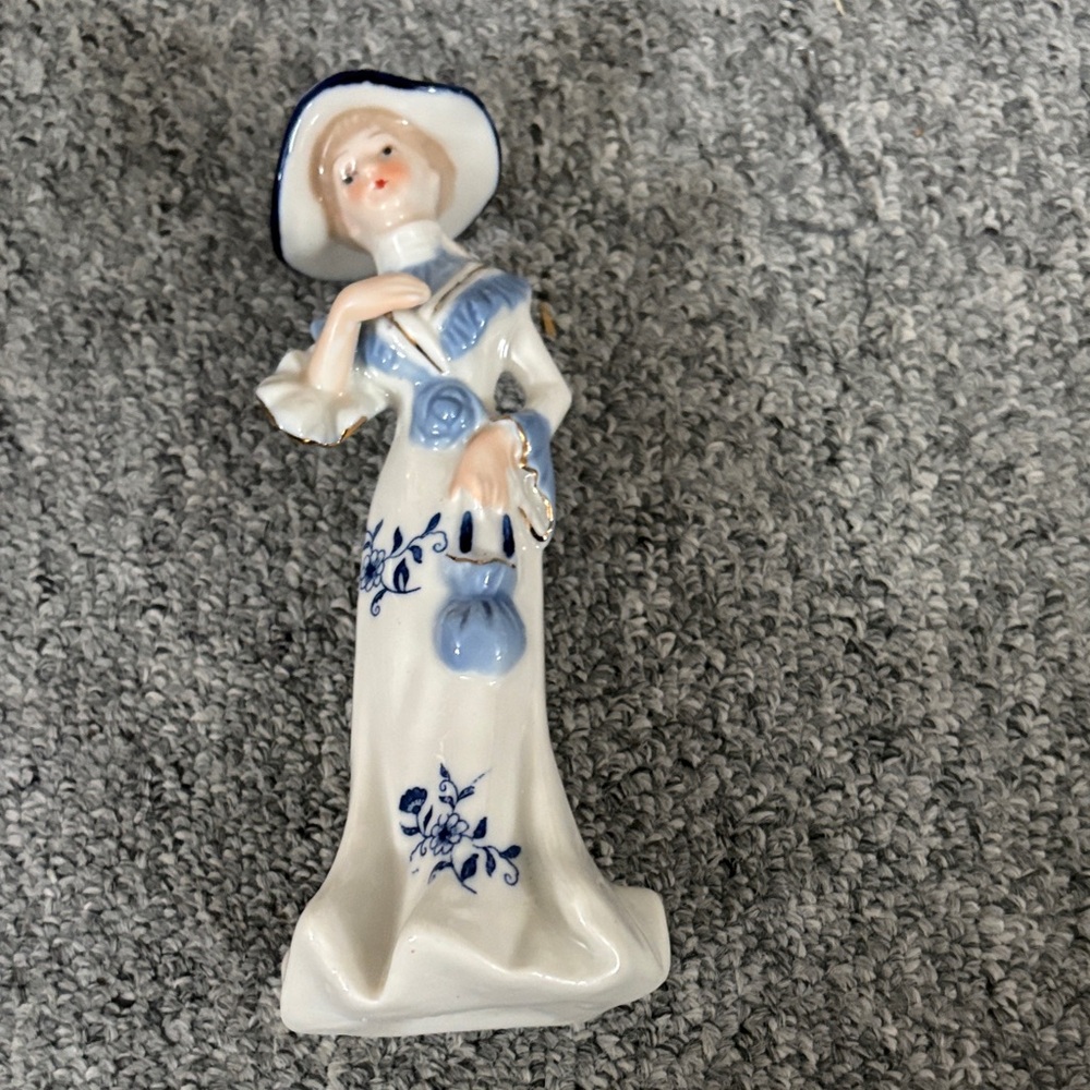 Ornamental Stone Blue and White Ceramic Lady Figurine
